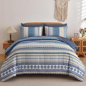 imageMybedsoul Brown Aztec Style Comforter Set 7 Pieces Queen Size Boho Bed in a Bag AllSeason Bedding Set with Sheets ampamp Pillow Shams Bohemian Geometric Striped PatternBlue